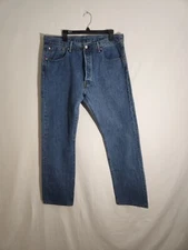 Levis 501 Jeans Button Fly Mens 38x34 Flat Front Blue Denim Work Western BootCut