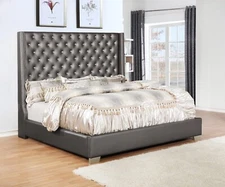 Contemporary 1pc Faux Leather Upholstery Metallic Charcoal PU Queen Size Bed