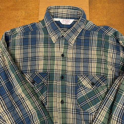 Vintage Jim Catfish Hunter Shirt Mens Large Green Blue Plaid Button Flannel 70s - Picture 4 of 10