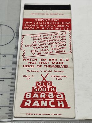 Front Strike Matchbook Cover Old South Bar-B-Q Ranch Clewiston, FL  gmg Unstruck