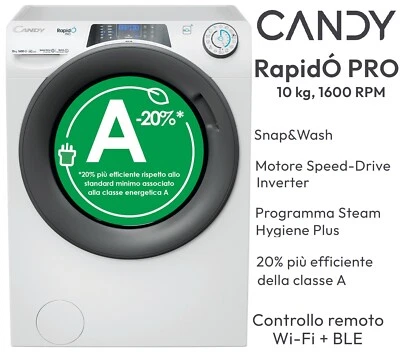 LAVATRICE 10 KG 1600 GIRI A-20% RAPIDO' PRO VAPORE INVERTER CANDY RP6106BWMR8-S.