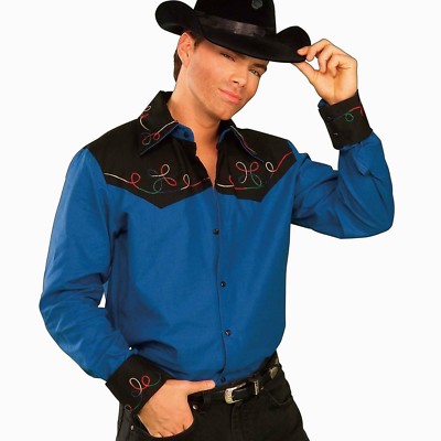 Cowboy Shirt Men's Blu & Blk Cotton/Poly Western Style Embroidered