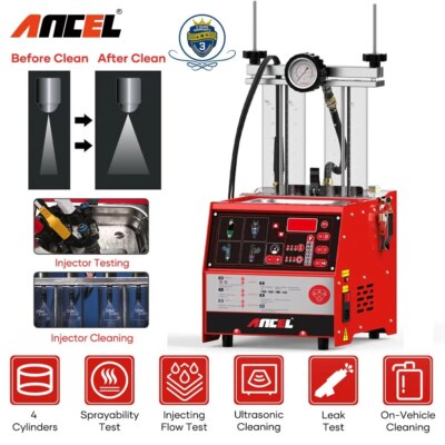 ANCEL Motorcycle Fuel Injector Ultrasonic Cleaner Tester Tool 4-Cylinder Machine