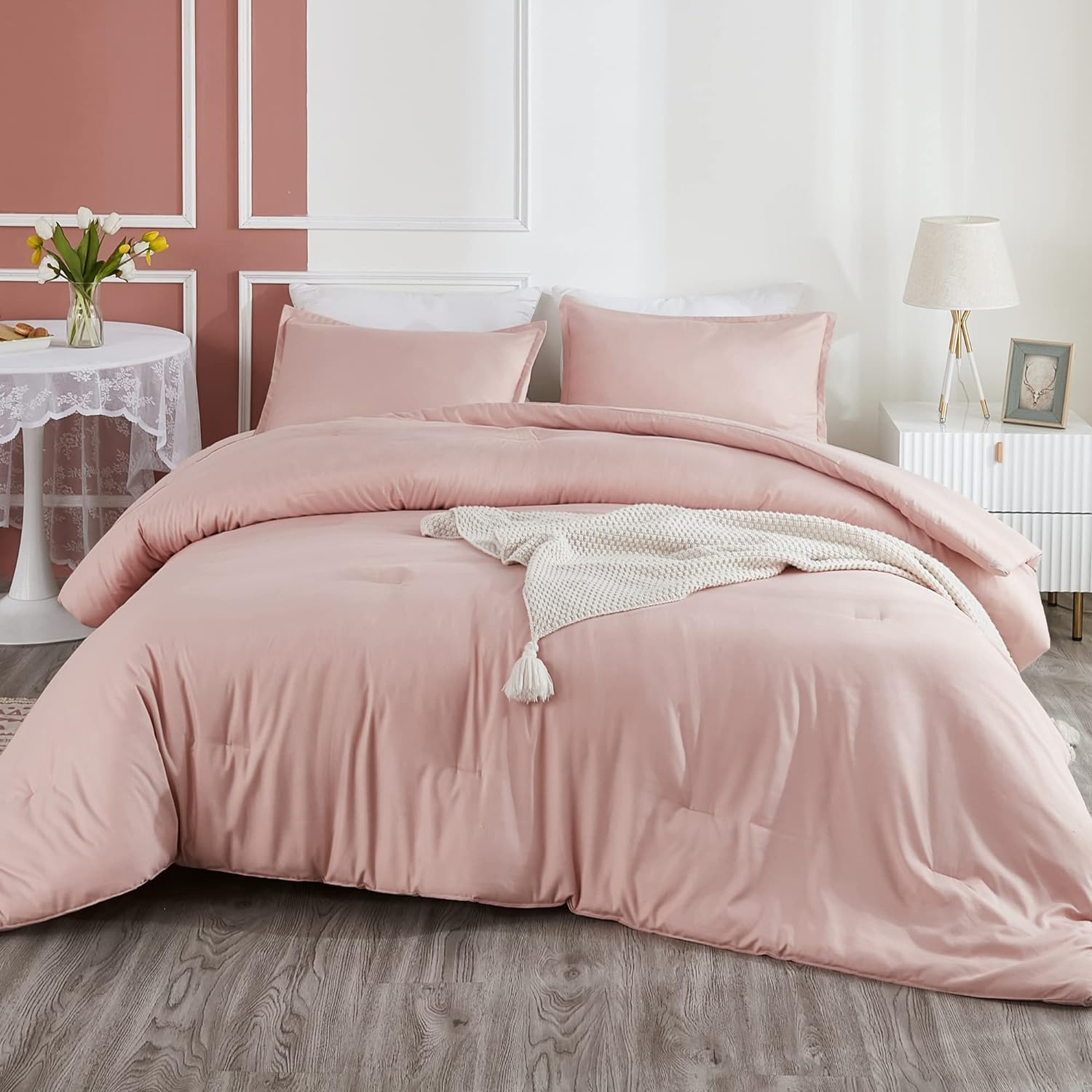 Pink Twin Comforter Set for Girls, 2 Pieces Kids Blush Plain Bedding