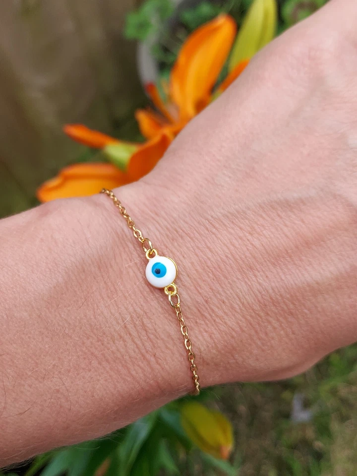 Damen 18K Vergoldet Türkische Griechische Böse Weiß & Blau Auge Armband - Bild 4 von 4