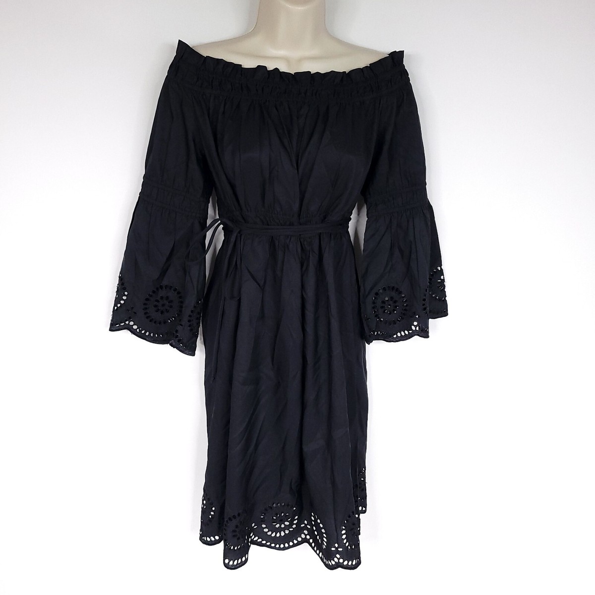 Venue Womens Off The Shoulder Dress 10 Black Flare Sleeve Laser Cut Tied |  eBay