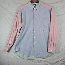 VTG TOMMY HILFIGER COLOR BLOCK GINGHAM BUTTON UP COTTON LONG SLEEVE SHIRT SZ XL