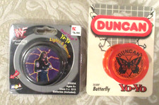  2 VINTAGE YO-YOs - WWF-LIGHTS-SOUND,  DUNCAN BUTTERFLY 3058NP ORIG PACKAGES