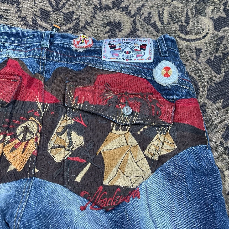 JEANS DE MEZCLILLA ACADEMIKS NATIVE WARRIORS DE COLECCIÓN Bordados Para Hombre Talla 38x34 Foto 3 de 4