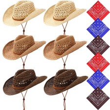 6 Set Straw Cowboy Hats and Bandanas for Women Western Cowgirl Beach Sun Hat ...