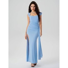 CIDER Blue Ruched Split Gown Sweetheart Sleeveless Maxi Dress High Slit 1XL NWT
