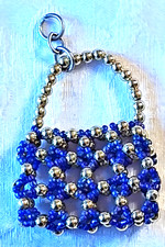 MINI VTG Beaded Handbag Purse Charm Pendant Key Charm Zipper Pull Blue  Gold