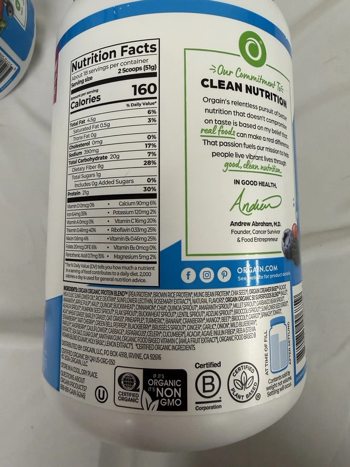 Proteína orgánica en polvo Orgain 50 superalimentos vainilla frijol 2,02 lb vegano no transgénico Foto 3 de 4