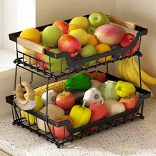 GILLAS 2 Tier Countertop Fruit Basket With 2 Banana Hangers For Kitchen, Metal