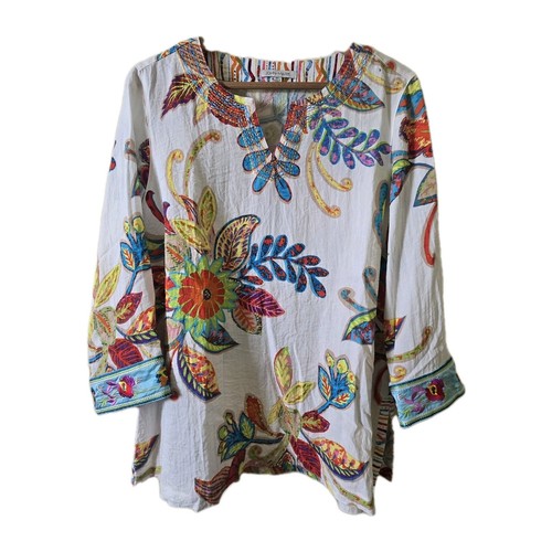 John Mark Floral Embroidered Tunic Top Colorful Bohemian Blouse Medium