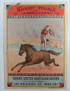 10. 1882 CIRCUS TRADE CARD Maybury Pullman Courier LItho Buffalo MAN BARE BACK