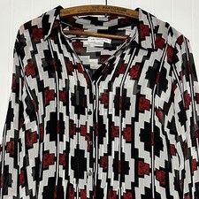 Liz Claiborne Blouse Women Large Black White Red Excellent Geometric Button Up