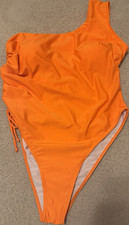 Womens Orange One Shoulder Ruched One Piece S...