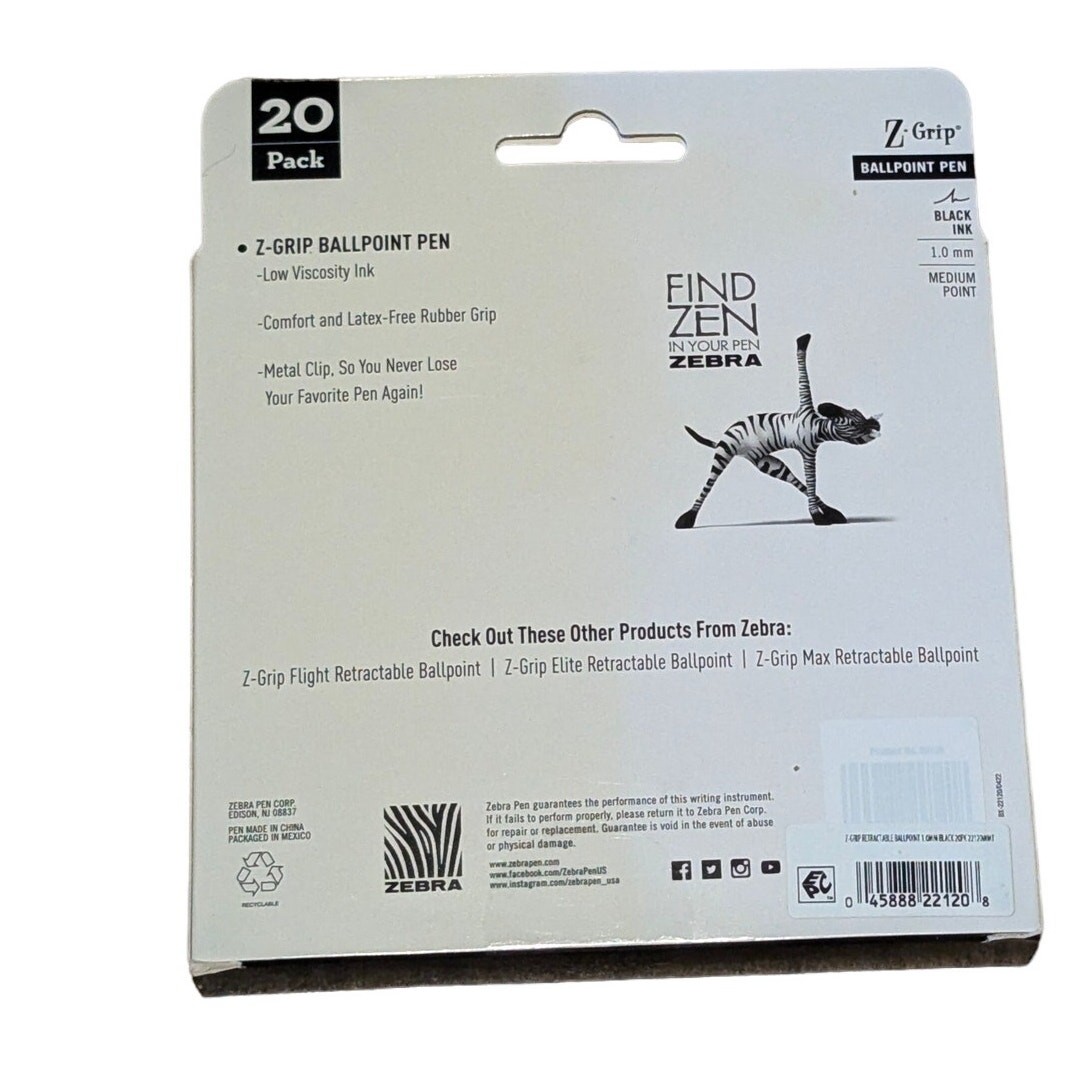 Zebra Z-Grip Ballpoint Pens 1.0mm Medium Point Black Ink Pack Of 20 New