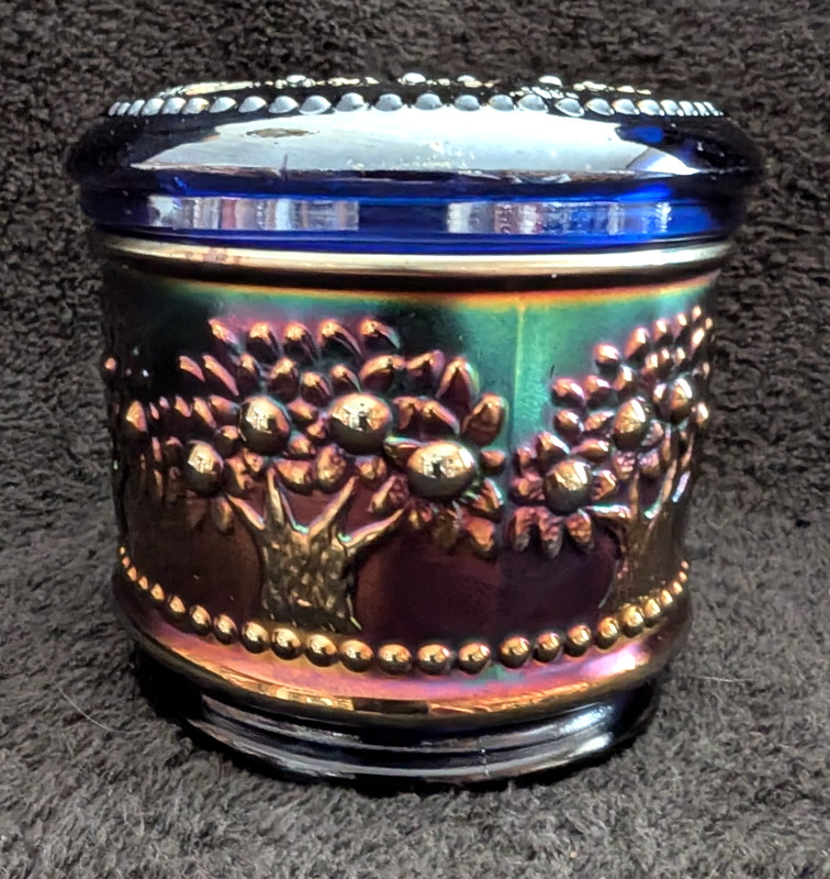 Fenton Orange Tree Blue Powder Box   c.1911                                  (A)