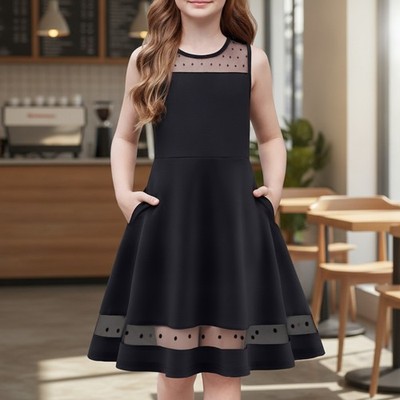 Girls Sleeveless A-Line Mesh Dress with Pockets | Elegant Party Gown Size 12-14