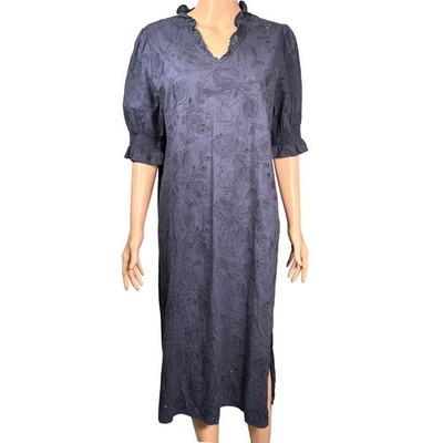 Masai Copenhagen Navy Blue Floral Eyelet Midi Dress Ruffle V-Neck Pockets Large
