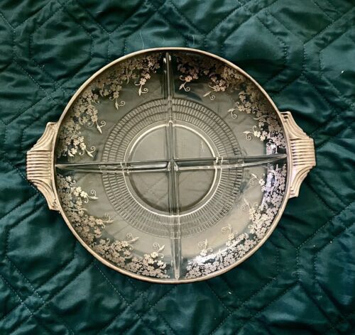 Duncan & Miller First Love Etch DECO Relish Tray Dish Vintage Silver Inlay 10”