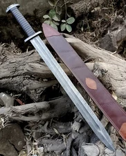 Viking Hunting Sword, 36-Inch Double Edge Blade, Blood Grooves, Leather Sheath