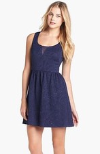 $138 GUESS Sleeveless Embossed Scuba Fit & Flare Textured Dress Navy Blue Sz 6