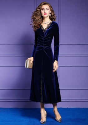white christmas dresses Ever-Pretty Graceful V-Neck Waist Design Velvet Midi Mother of The Bride Dress main image 0