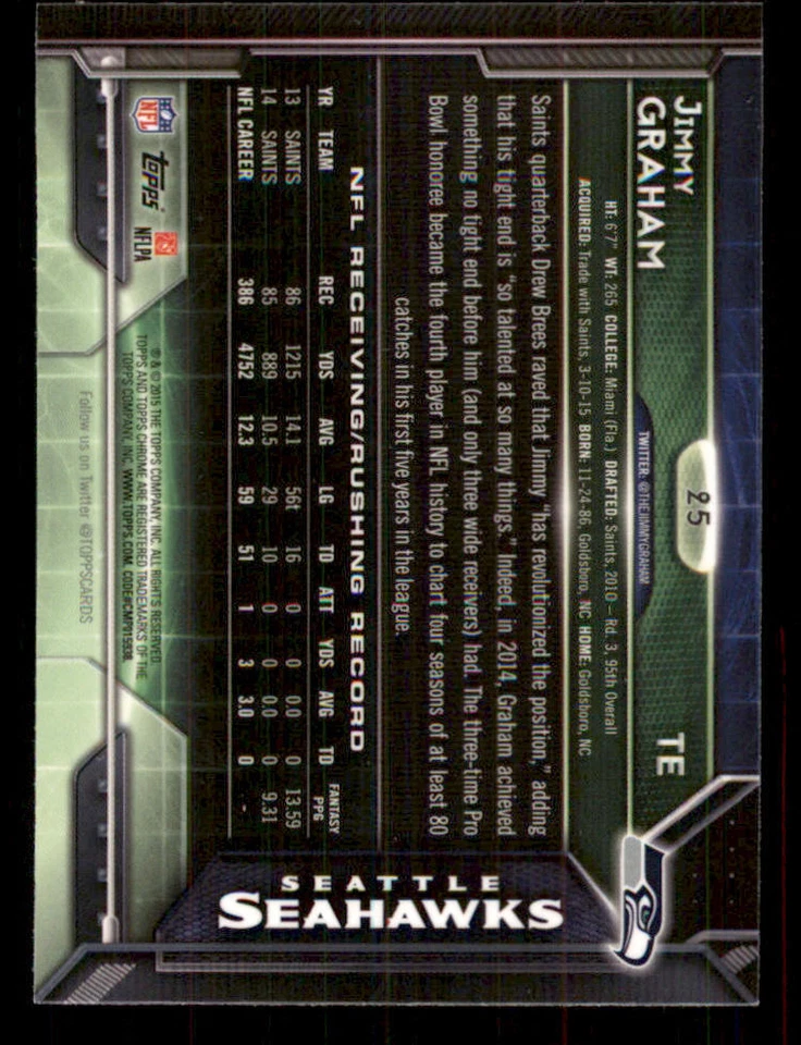 2015 Topps Chrome Mini Sepia Refractors #25 Jimmy Graham - Image 2 of 2