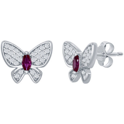 Classic Women's Earrings Sterling Silver White and Ruby CZ Butterfly Stud D-7535