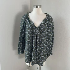 Max Studio Womens Plus 1X Floral Blouse Top Long Sleeve Ruffle Neckline Shirt