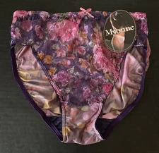 Vtg 80s Myonne Panties HiCut Brief Purple Floral Nylon Sheer Lace Front Sz 5 NWT