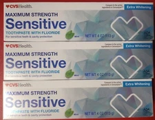 3 pack Maximum Strength Sensitive Fluoride Toothpastes /Mint + 4 Toothbrushes