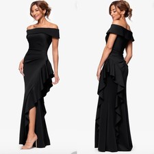 Xscape Dolly Techno Scuba off the Shoulder Ruffle Floor Length Dress - Black 4P