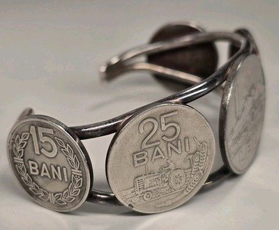 Romanian Coin Bracelet Silver Vintage 5'' 15-25 Bani - 19mm Width Cuff Bracelet
