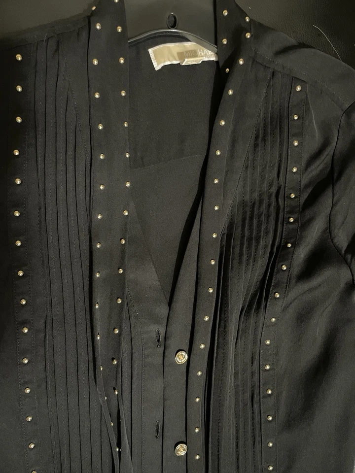 Vestido camisa smoking Michael Kors dourado cravejado preto manga comprida XS 100% seda $165 - Imagem 4 de 4