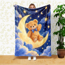 Teddy Bear Crescent Moon Coral Fleece Blanket Nursery Decor