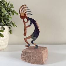 Kokopelli Metal Enamel Figurine Stone Base Double Sided Southwest Boho Decor