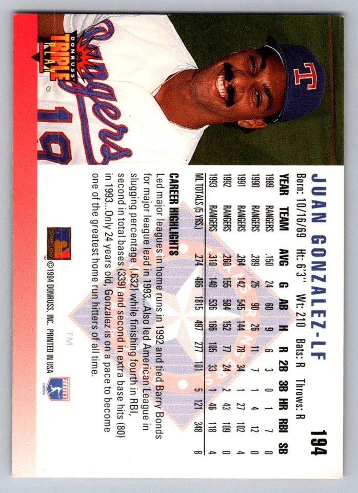 1994 Triple Play #194 Juan Gonzalez - Image 2 of 2