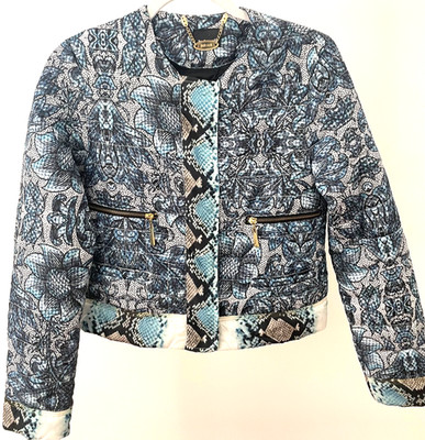 Roberto Cavalli Italian Designer Blue Snake Print Light Crop Jacket IT40 US XS-2
