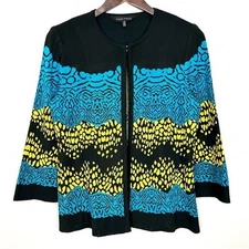 Ming Wang Colorful Knit Cardigan Sweater Women’s Size M Geometric Chevron Luxury