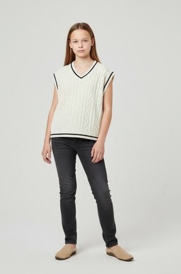 Mango Mng Girl's 9-10  White Cotton V Neck Cable Knit Gillet Sleeveless Vest Nwt