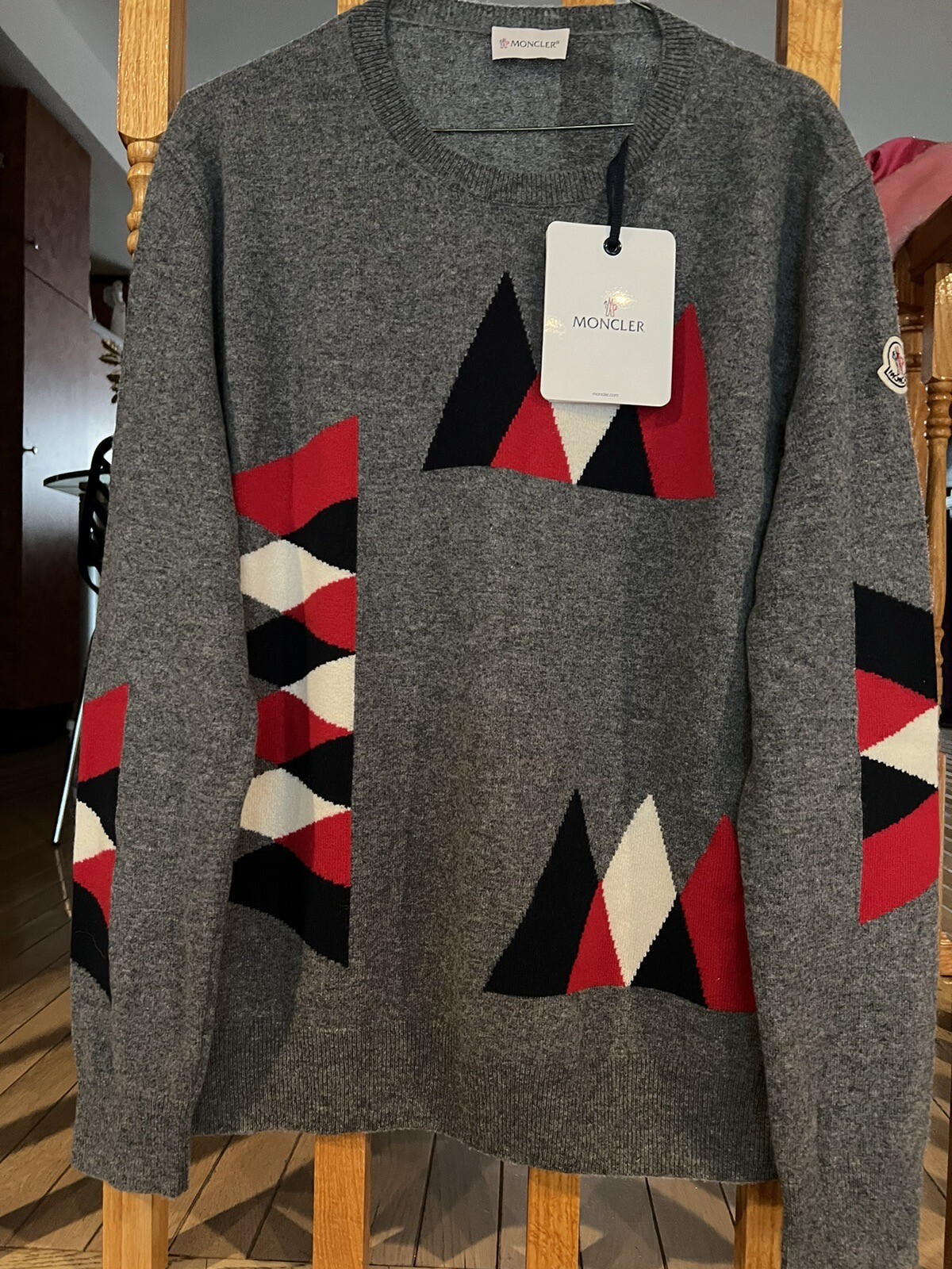 Moncler Men's Grey Geometric Pattern Knitted Crewneck Sweater, size L image 5