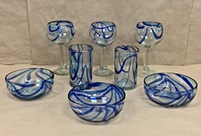 Vintage Thick Hand Blown Glass Stemmed Goblet Tumbler Bowl Lot Blue Swirl