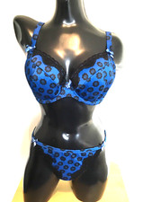 Bravissimo Retro Flower Blue Plunge Bra & 2 Thongs Size 32FF /M
