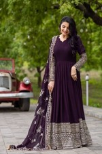 New Beautiful Faux Georgette Wine Color Gown With Bottom And Dupatta For Women