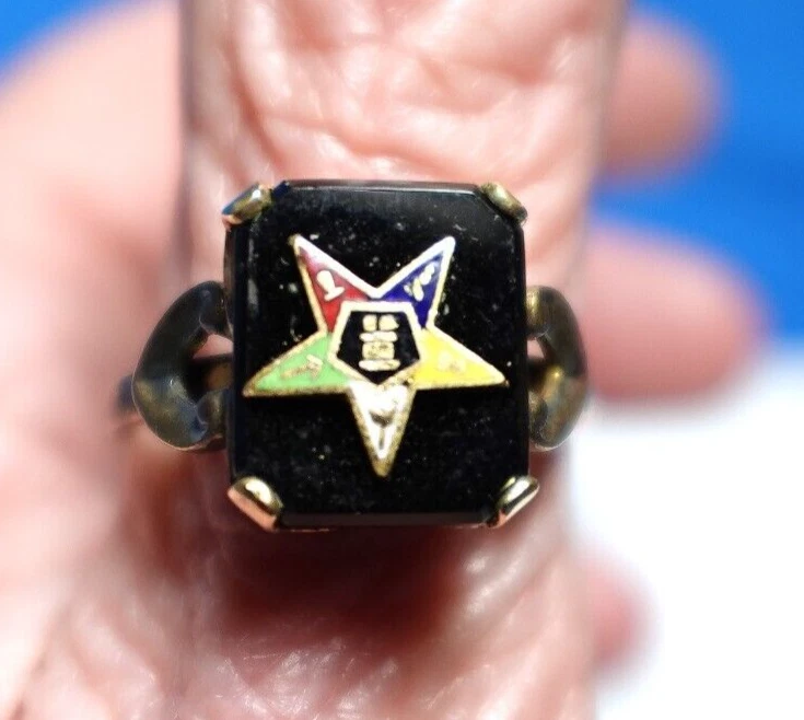 10K GOLD FILLED ONYX 珐琅东方星星戒指 尺寸 7.75 复古 3.2 克 — 第 2/3 张图片