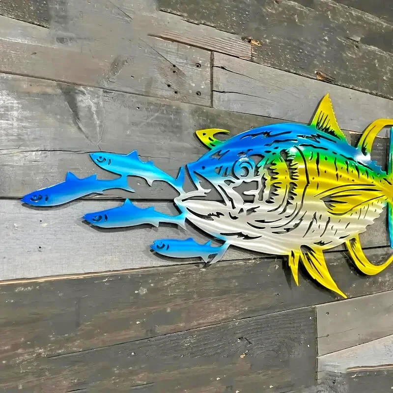 Escultura de pared de metal para decoración de pared de atún deportivo peces aleta amarilla atún Foto 4 de 4